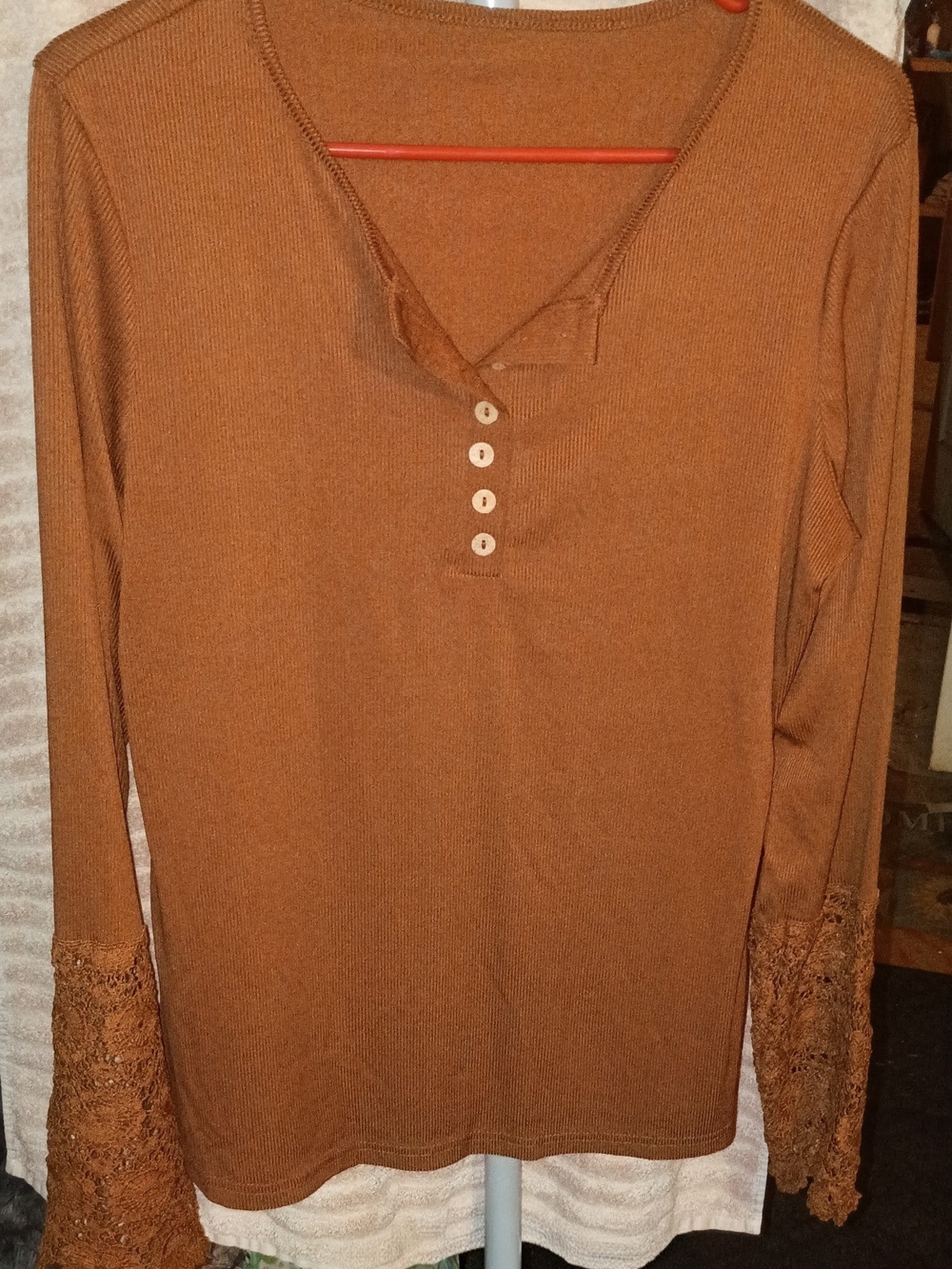 Women’s Long Sleeve Henley Top with Lace Cuffs - Rust